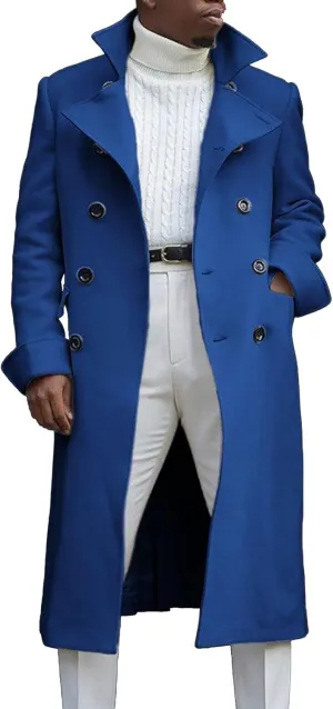 Mens Notch Lapel Double Breasted Long Trench Coat Casual Cotton Peacoats Windbreaker Long Jacket Windproof Overcoats
