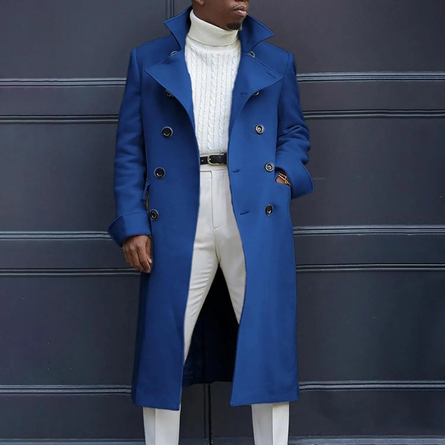 Mens Notch Lapel Double Breasted Long Trench Coat Casual Cotton Peacoats Windbreaker Long Jacket Windproof Overcoats
