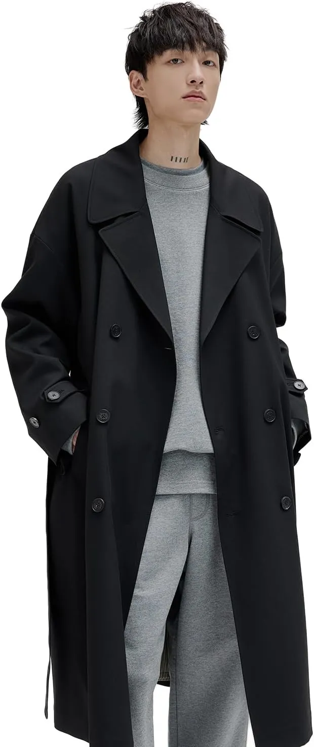 Mens Oversized Long Trench Coat Double Breasted Lapel Windproof Overcoat With Belt