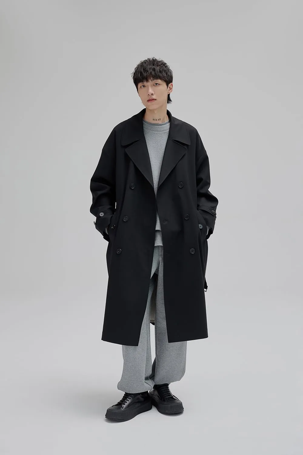 Mens Oversized Long Trench Coat Double Breasted Lapel Windproof Overcoat With Belt