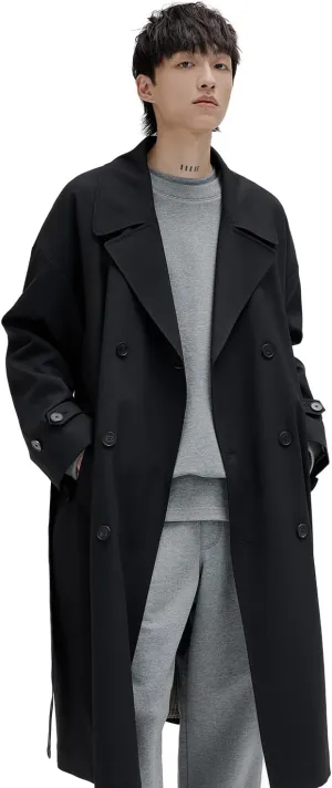 Mens Oversized Long Trench Coat Double Breasted Lapel Windproof Overcoat With Belt