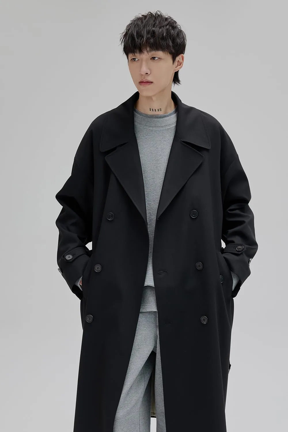 Mens Oversized Long Trench Coat Double Breasted Lapel Windproof Overcoat With Belt