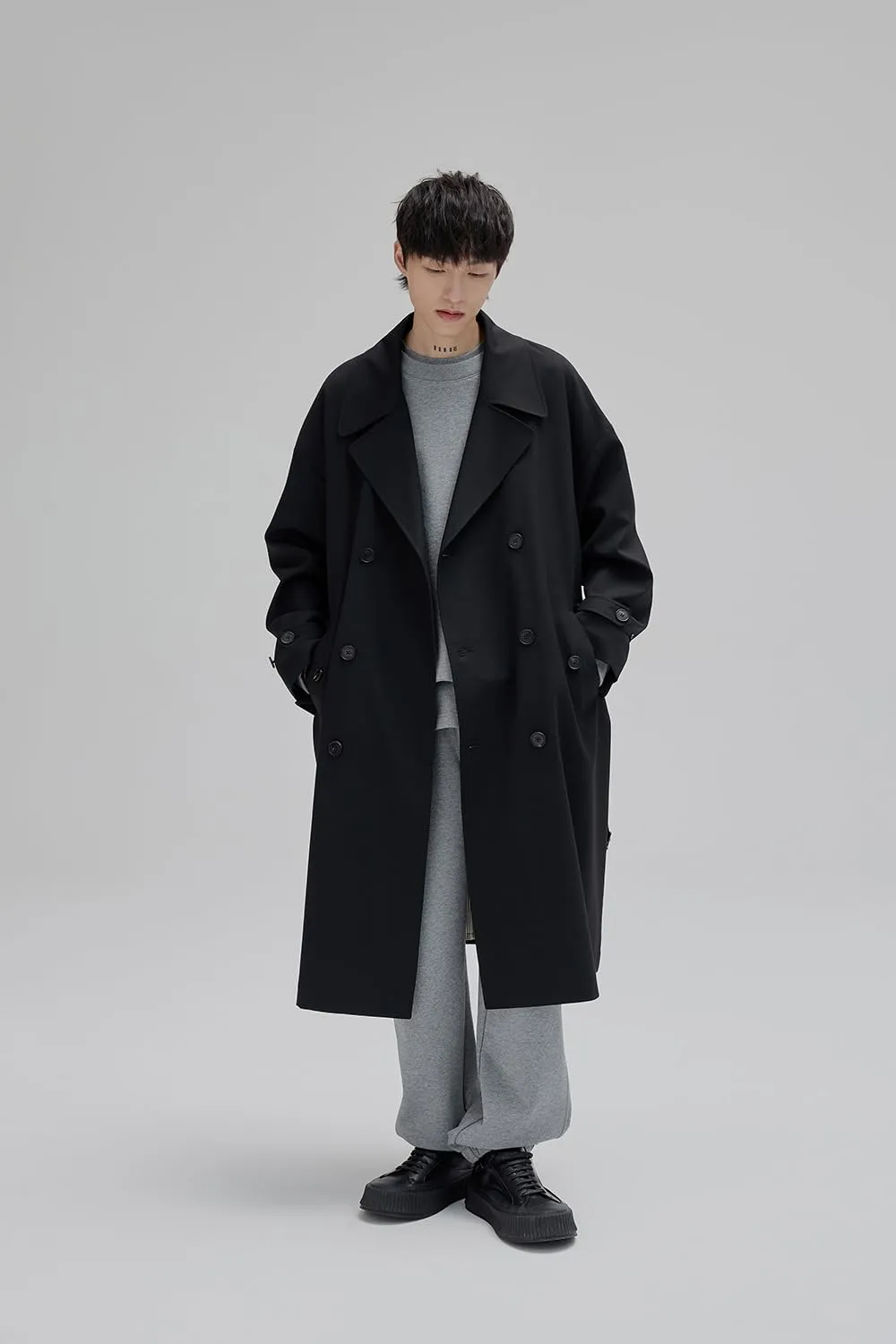Mens Oversized Long Trench Coat Double Breasted Lapel Windproof Overcoat With Belt
