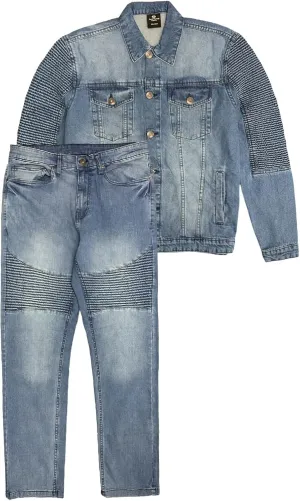 Mens Premium Denim Jean Suit Standard Cut Biker Jacket With Slim Fit Biker Pants
