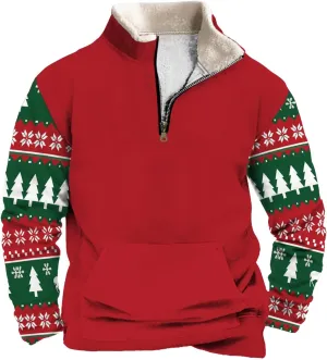 Mens Quarter Zip Pullover Christmas Graphic Sweatshirts Fleece Lined Pullover Sweaters Stand Collar Santa Shirts