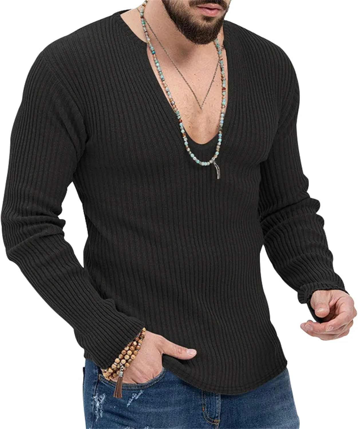 Men's Sexy Deep V Neck Knitted Sweater Slim Fit Lightweight Vintage Pullover Casual Long Sleeve Knitwear Tops