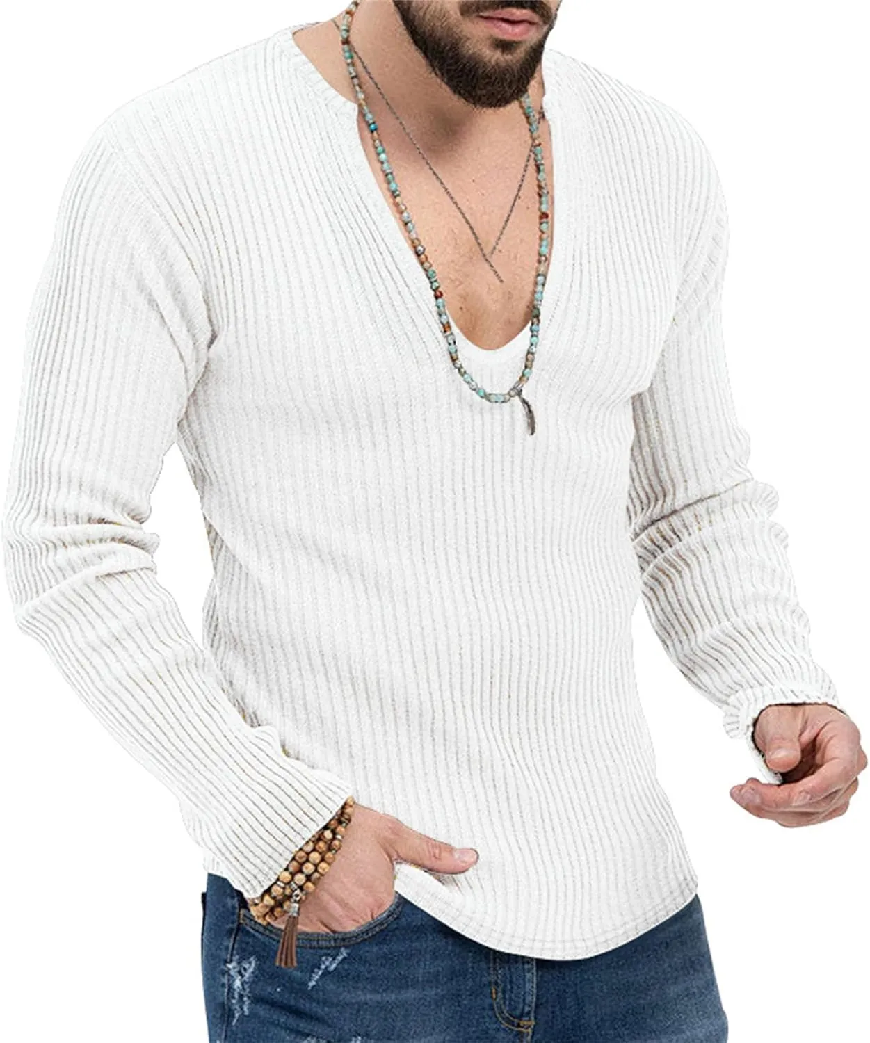 Men's Sexy Deep V Neck Knitted Sweater Slim Fit Lightweight Vintage Pullover Casual Long Sleeve Knitwear Tops