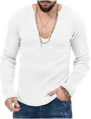 Men's Sexy Deep V Neck Knitted Sweater Slim Fit Lightweight Vintage Pullover Casual Long Sleeve Knitwear Tops