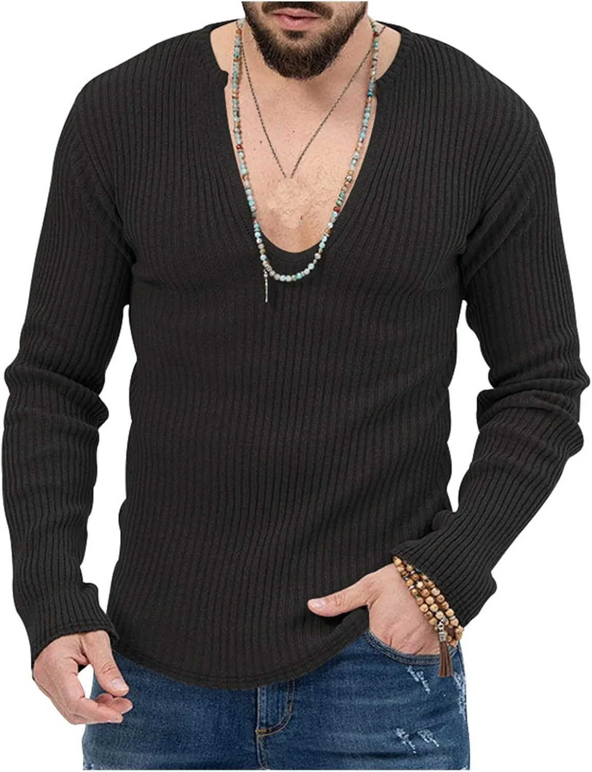 Men's Sexy Deep V Neck Knitted Sweater Slim Fit Lightweight Vintage Pullover Casual Long Sleeve Knitwear Tops
