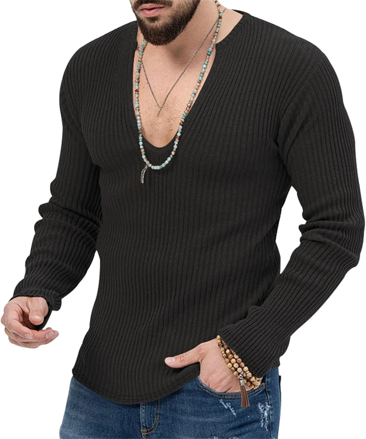 Men's Sexy Deep V Neck Knitted Sweater Slim Fit Lightweight Vintage Pullover Casual Long Sleeve Knitwear Tops