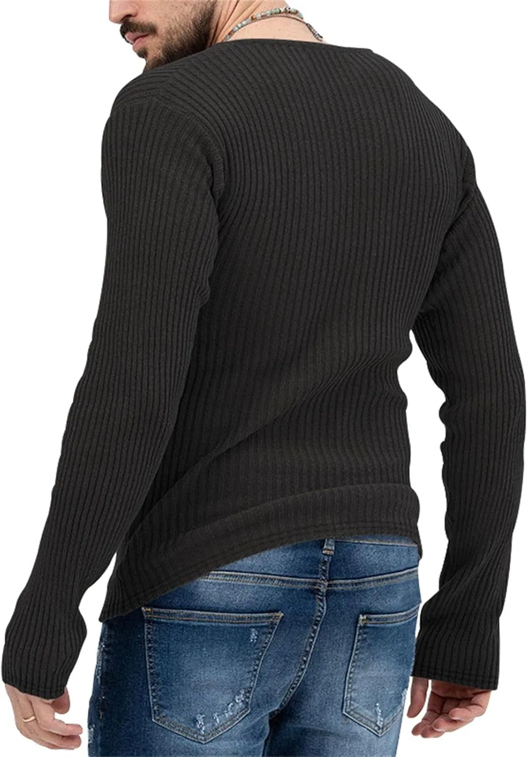 Men's Sexy Deep V Neck Knitted Sweater Slim Fit Lightweight Vintage Pullover Casual Long Sleeve Knitwear Tops