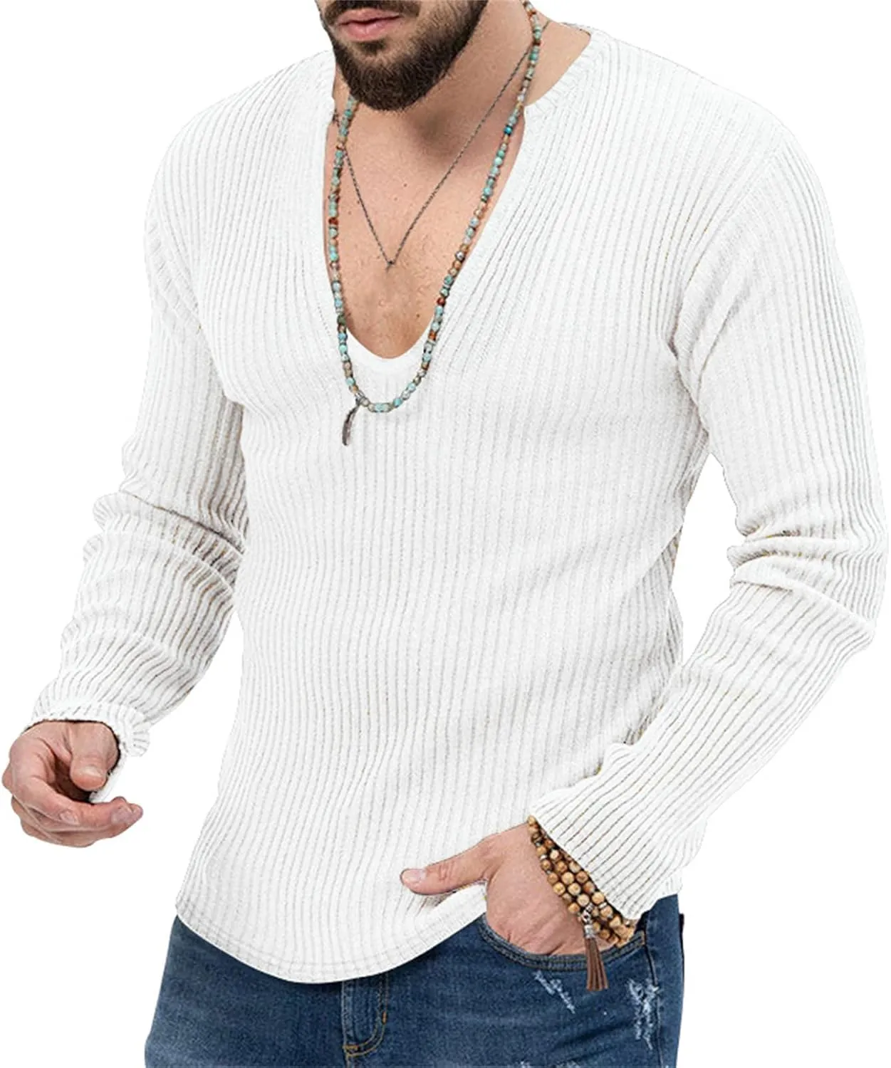 Men's Sexy Deep V Neck Knitted Sweater Slim Fit Lightweight Vintage Pullover Casual Long Sleeve Knitwear Tops