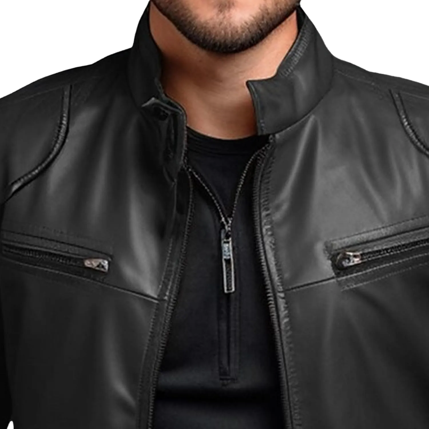 Men's Stand Collar Faux Leather Jacket Casual Zip Up Leather Motorcycle Jacket Solid Color Slim Punk Biker Outwear