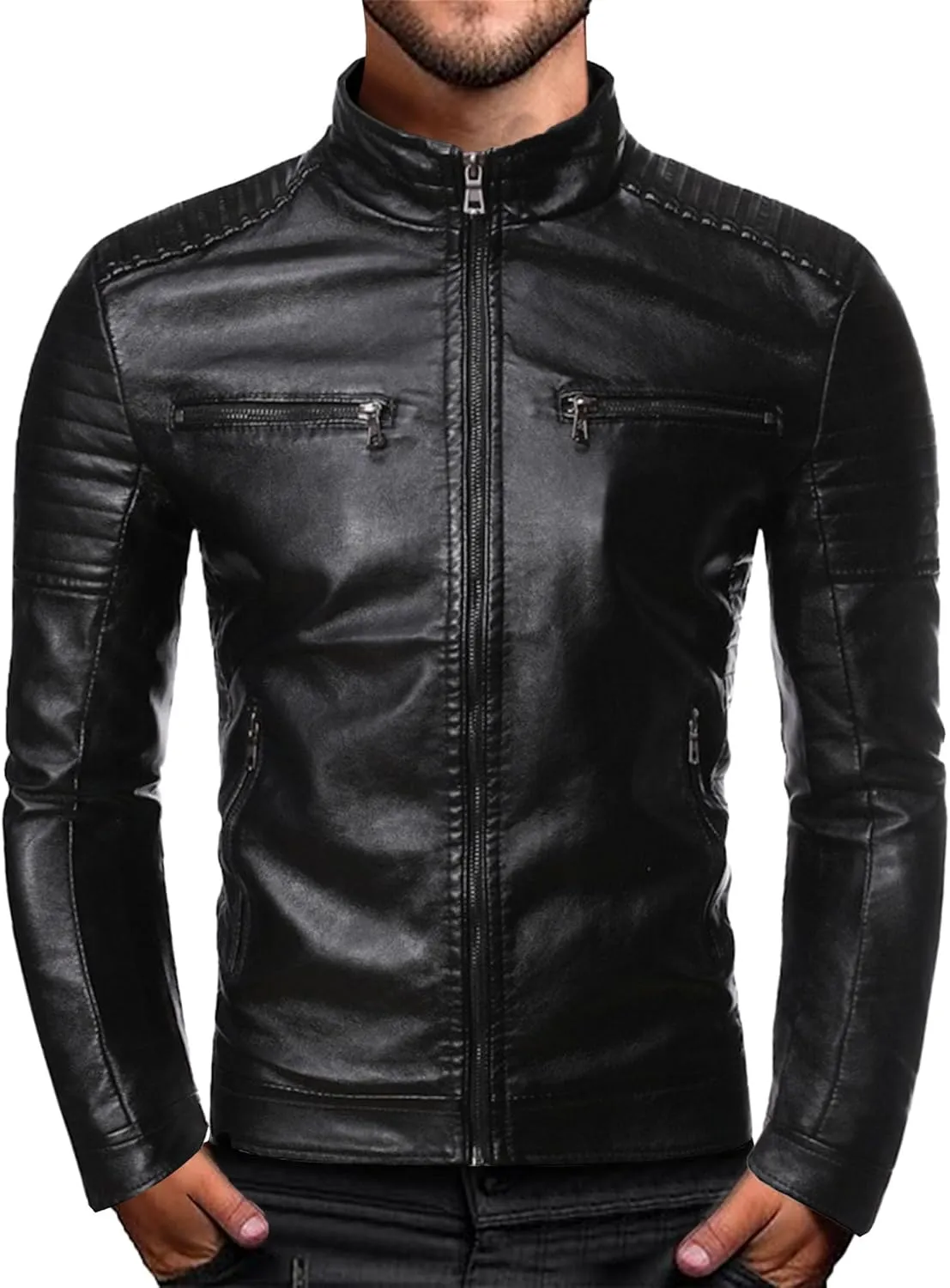 Men's Stand Collar Faux Leather Jacket Casual Zip Up Leather Motorcycle Jacket Solid Color Slim Punk Biker Outwear