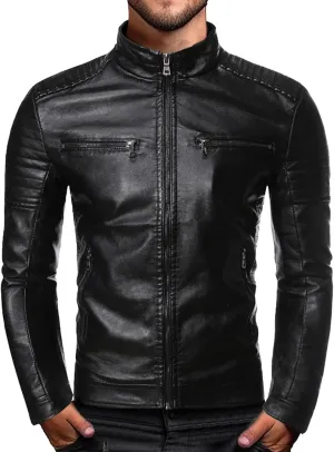 Men's Stand Collar Faux Leather Jacket Casual Zip Up Leather Motorcycle Jacket Solid Color Slim Punk Biker Outwear