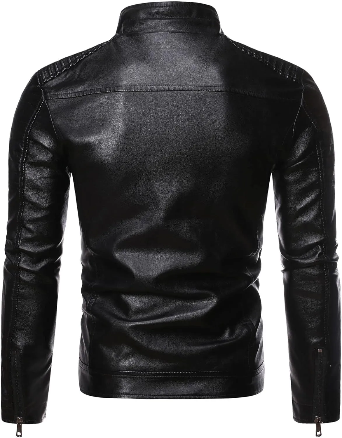 Men's Stand Collar Faux Leather Jacket Casual Zip Up Leather Motorcycle Jacket Solid Color Slim Punk Biker Outwear