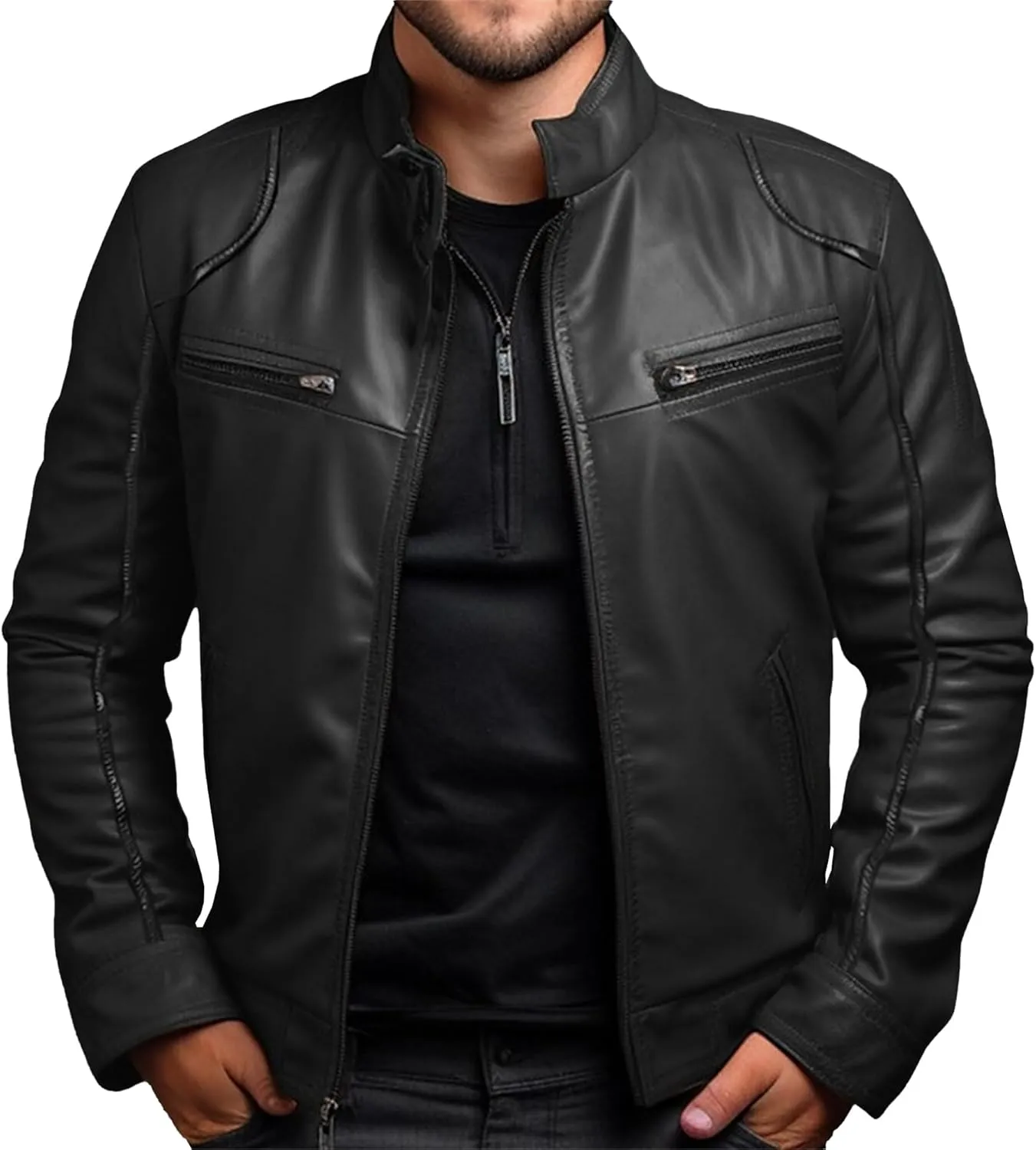 Men's Stand Collar Faux Leather Jacket Casual Zip Up Leather Motorcycle Jacket Solid Color Slim Punk Biker Outwear