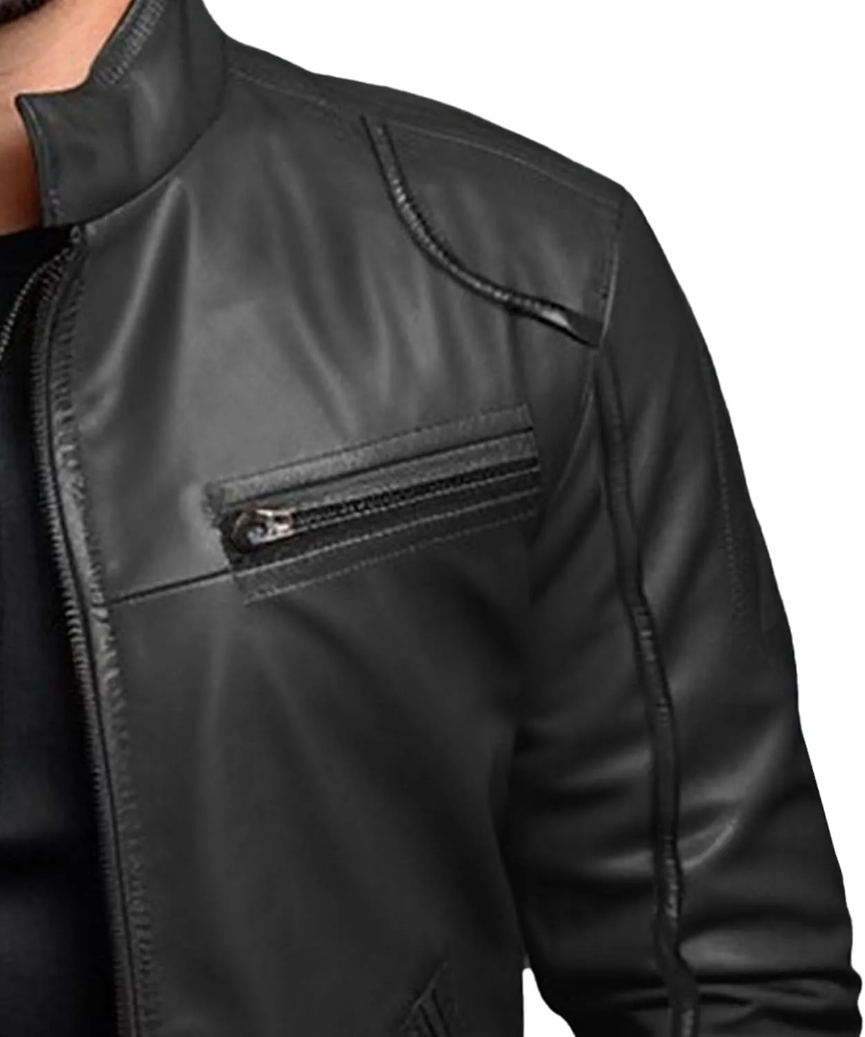 Men's Stand Collar Faux Leather Jacket Casual Zip Up Leather Motorcycle Jacket Solid Color Slim Punk Biker Outwear
