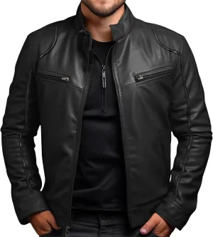 Men's Stand Collar Faux Leather Jacket Casual Zip Up Leather Motorcycle Jacket Solid Color Slim Punk Biker Outwear