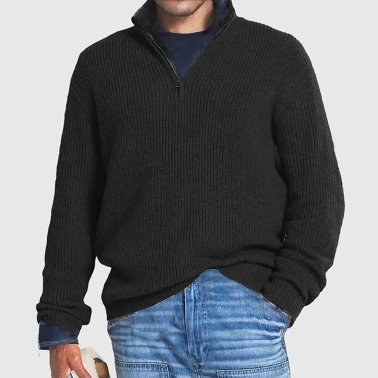 Mens Sweater Quarter Zip Pullover Cable Knit Sweater Long Sleeve Mock Turtleneck for Men Business Casual Sweater