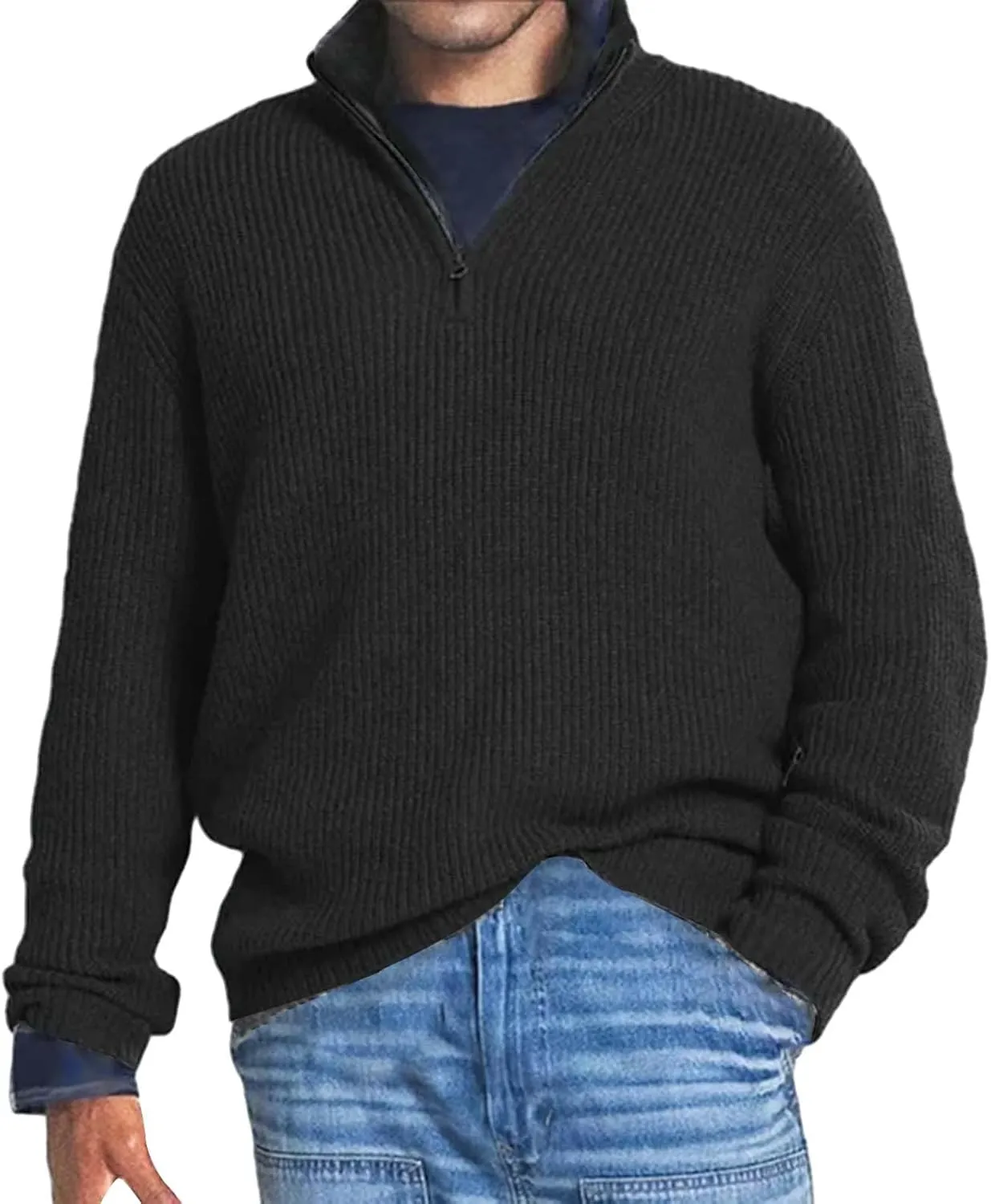 Mens Sweater Quarter Zip Pullover Cable Knit Sweater Long Sleeve Mock Turtleneck for Men Business Casual Sweater