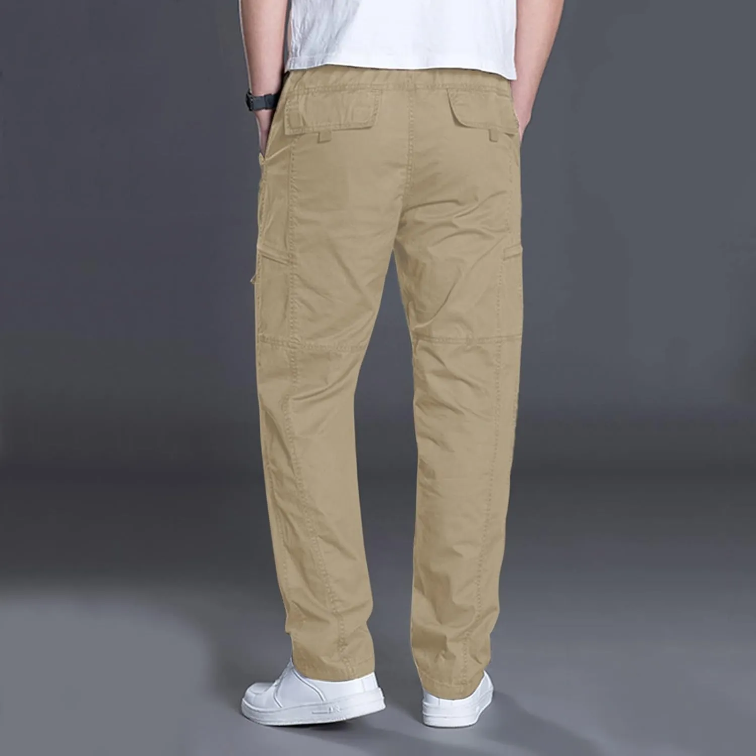 Mens Sweatpants Zipper Fly Cotton Casual Cargo Work Pants Relaxed Fit Baggy Travel Hiking Trouser Multi Pockets