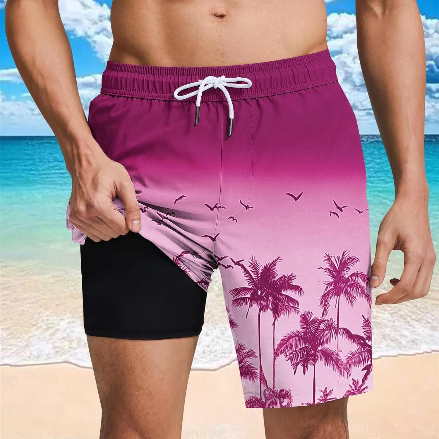 Men's Swim Trunks with Compression Liner 7 Inch Inseam Board Shorts 2 in 1 Quick-Dry Bathing Suits Hawaii Beach Shorts