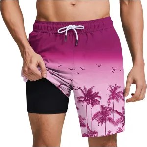 Men's Swim Trunks with Compression Liner 7 Inch Inseam Board Shorts 2 in 1 Quick-Dry Bathing Suits Hawaii Beach Shorts