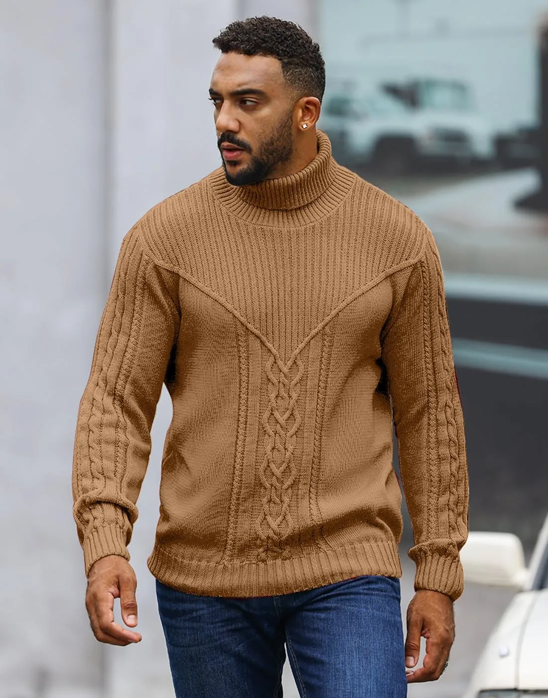 Men's Turtleneck Sweater Cable Knitted Pullover Sweater