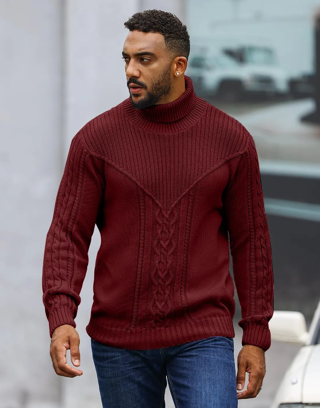 Men's Turtleneck Sweater Cable Knitted Pullover Sweater