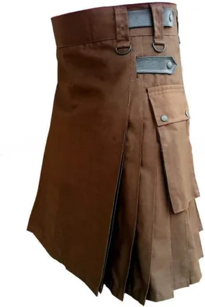 Mens Utility Kilts Scottish Traditional Highland Kilt Tartan Utility Plaid Modern Shorts Pleated Skirt Men Swimwear Trunk Swim Suit Short (I-Brown, L)