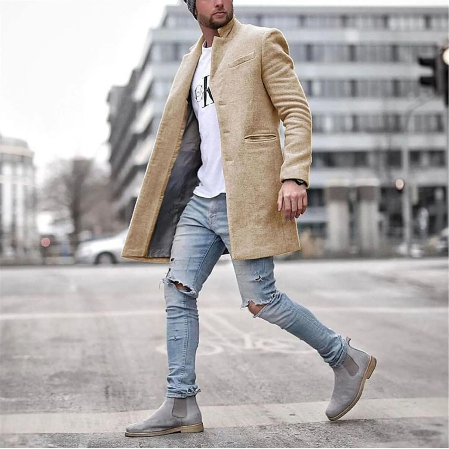 Mens Wool Trench Coat Wool Blend Top Pea Coat Slim Fit Single Breasted Lightweight Stylish Business Suit Jacket Overcoat