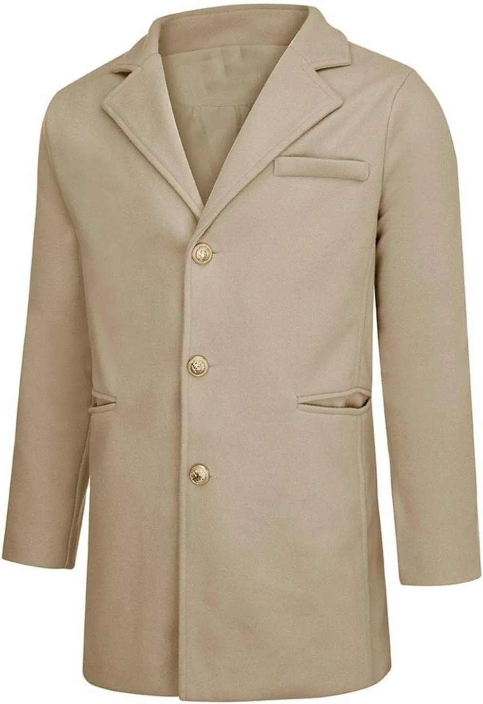 Mens Wool Trench Coat Wool Blend Top Pea Coat Slim Fit Single Breasted Lightweight Stylish Business Suit Jacket Overcoat