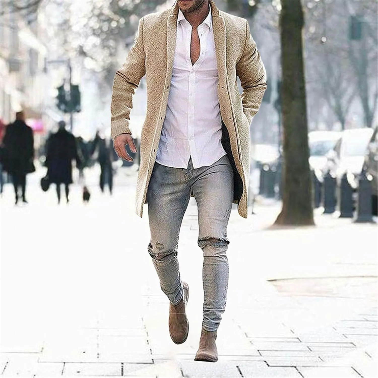 Mens Wool Trench Coat Wool Blend Top Pea Coat Slim Fit Single Breasted Lightweight Stylish Business Suit Jacket Overcoat