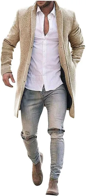 Mens Wool Trench Coat Wool Blend Top Pea Coat Slim Fit Single Breasted Lightweight Stylish Business Suit Jacket Overcoat