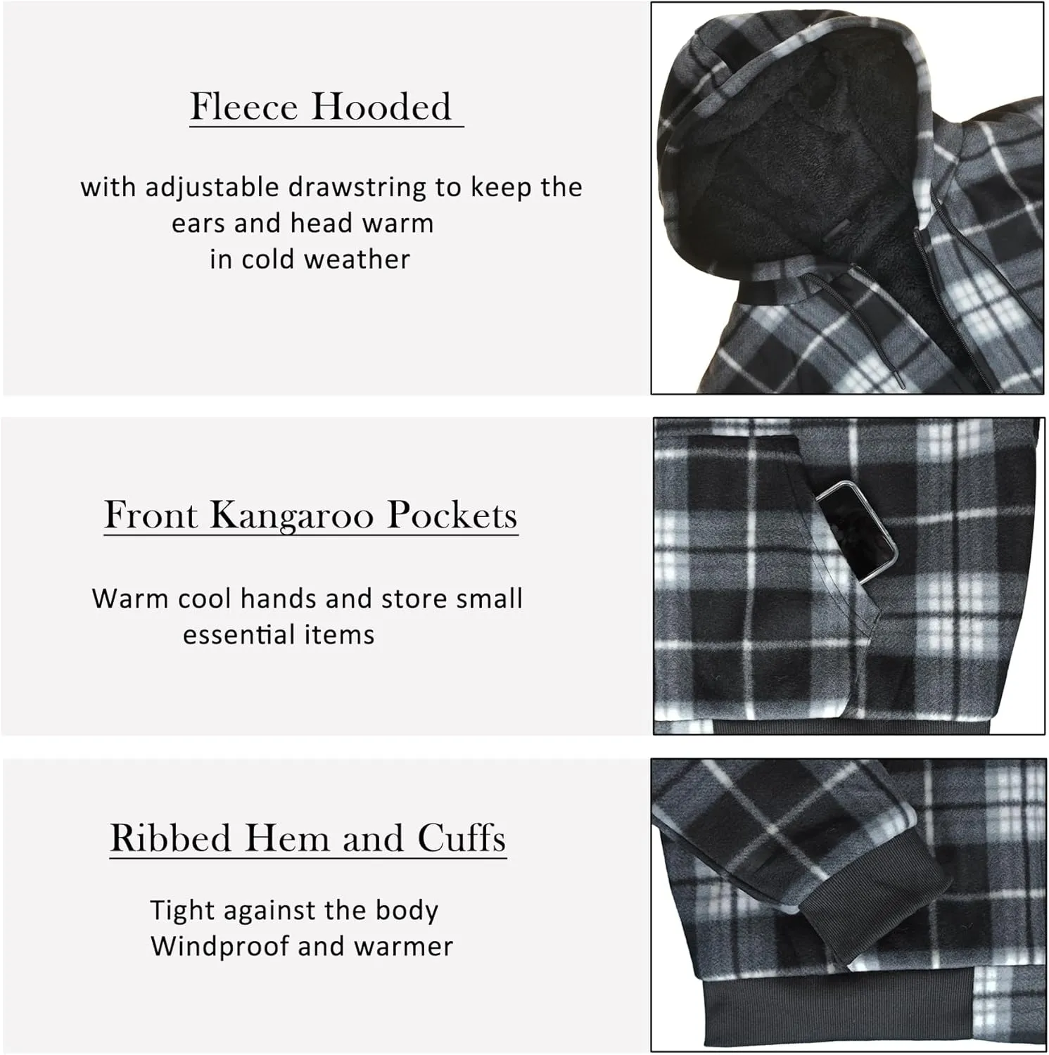 Men's Zip Up Fashion Hoodies Fleece Sherpa Lined Winter Warm Sweatshirt Plaid Flannel Hooded