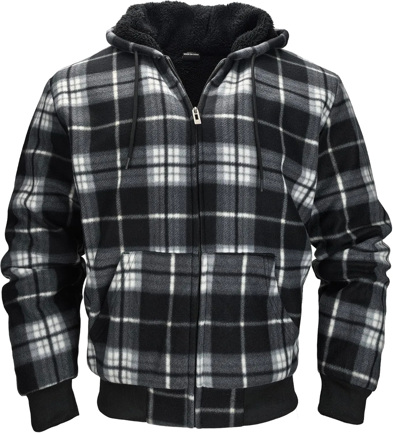 Men's Zip Up Fashion Hoodies Fleece Sherpa Lined Winter Warm Sweatshirt Plaid Flannel Hooded