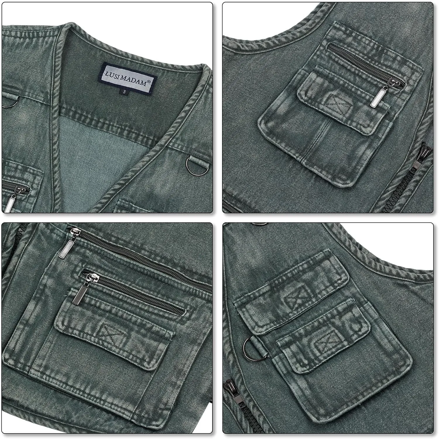 Men's Zipper Multi Pockets Casual Vest Outdoor Travel Fishing Hunting Photo Utility Work Cargo Vests Denim Black