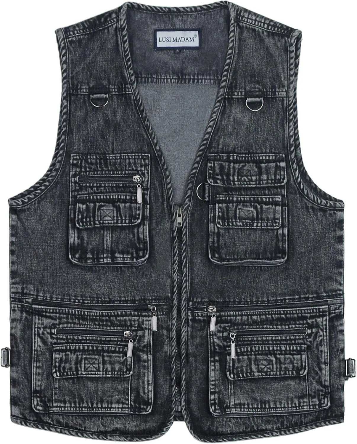 Men's Zipper Multi Pockets Casual Vest Outdoor Travel Fishing Hunting Photo Utility Work Cargo Vests Denim Black