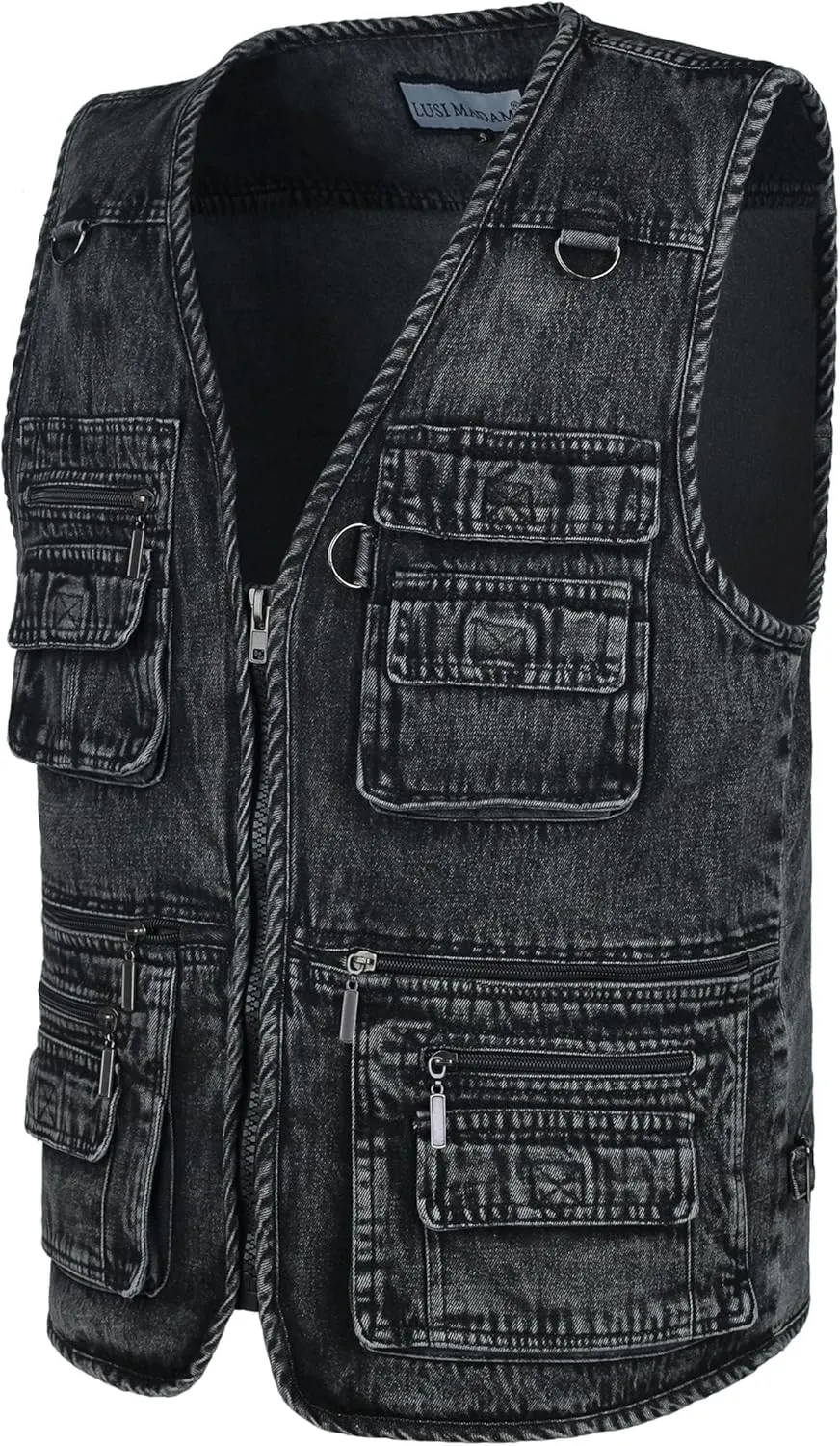 Men's Zipper Multi Pockets Casual Vest Outdoor Travel Fishing Hunting Photo Utility Work Cargo Vests Denim Black