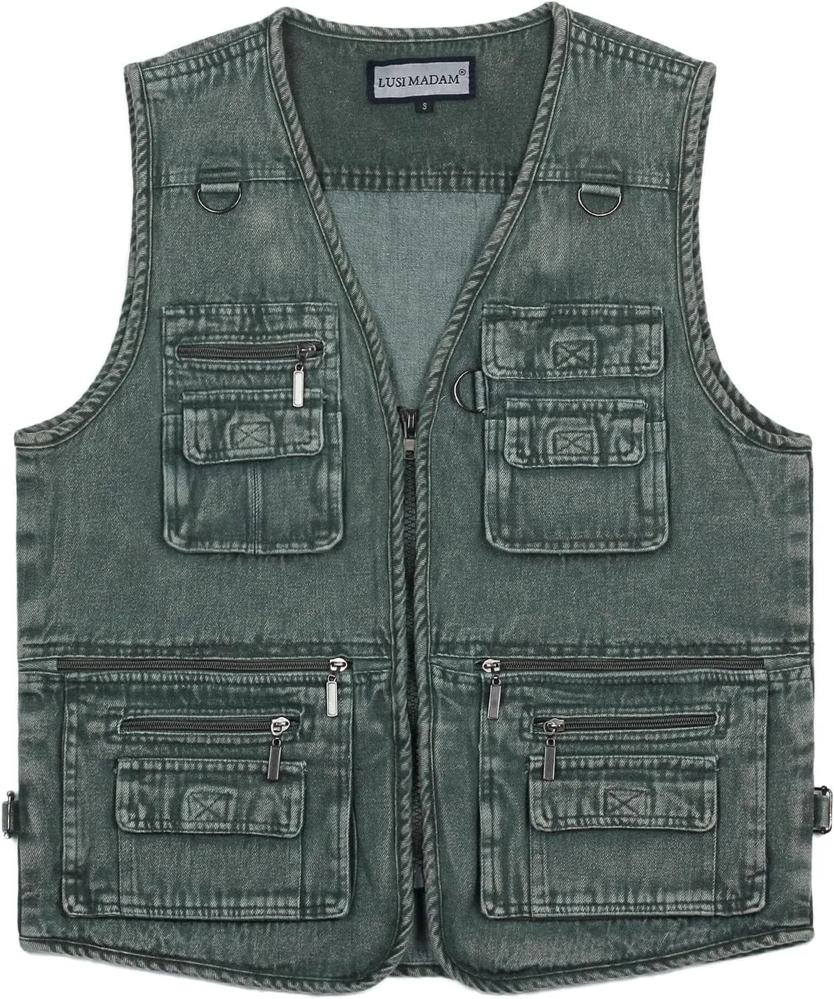 Men's Zipper Multi Pockets Casual Vest Outdoor Travel Fishing Hunting Photo Utility Work Cargo Vests Denim Black