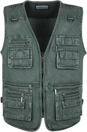Men's Zipper Multi Pockets Casual Vest Outdoor Travel Fishing Hunting Photo Utility Work Cargo Vests Denim Black