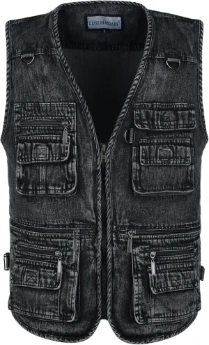 Men's Zipper Multi Pockets Casual Vest Outdoor Travel Fishing Hunting Photo Utility Work Cargo Vests Denim Black