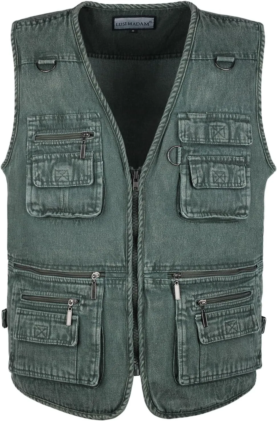 Men's Zipper Multi Pockets Casual Vest Outdoor Travel Fishing Hunting Photo Utility Work Cargo Vests Denim Black