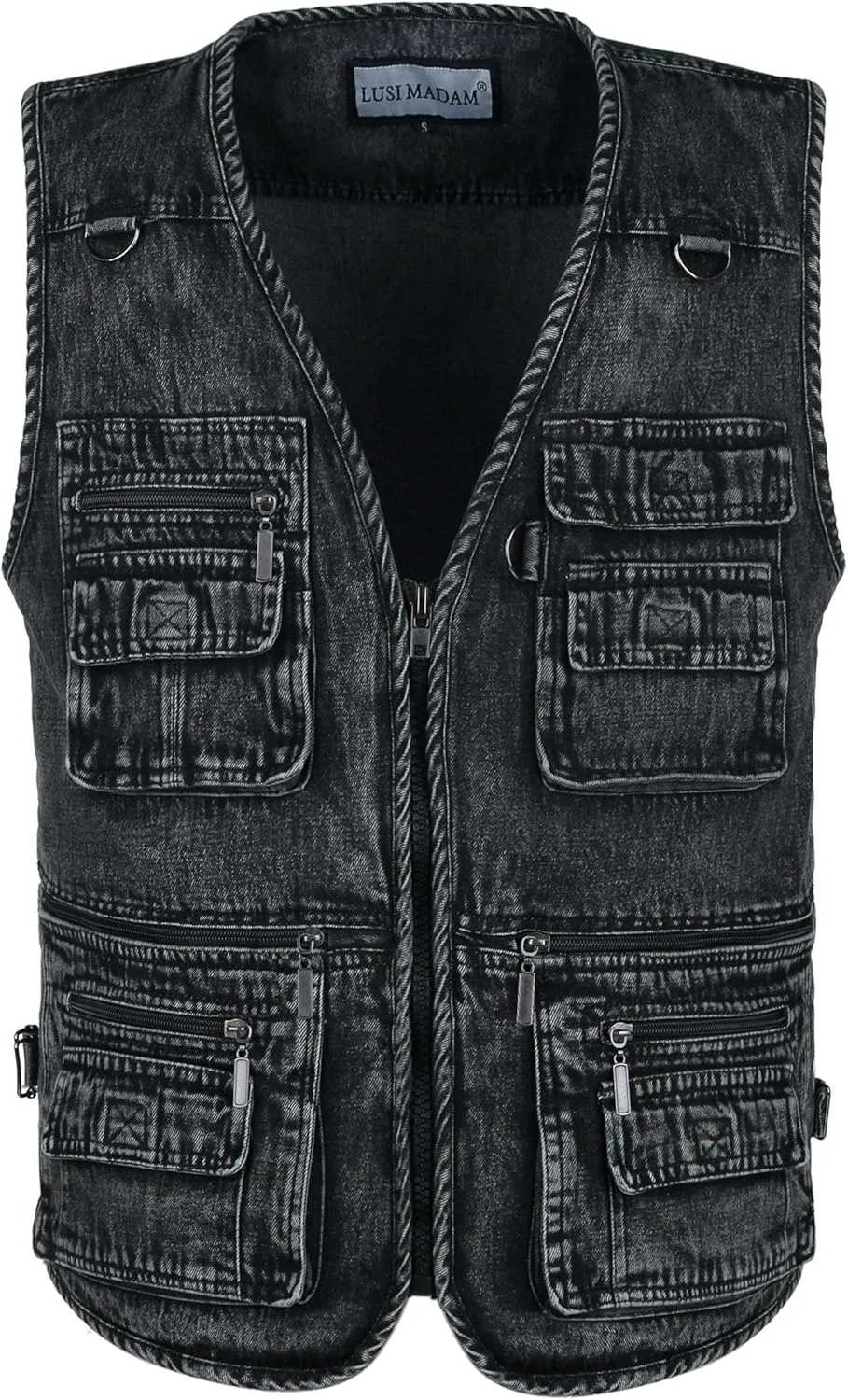 Men's Zipper Multi Pockets Casual Vest Outdoor Travel Fishing Hunting Photo Utility Work Cargo Vests Denim Black