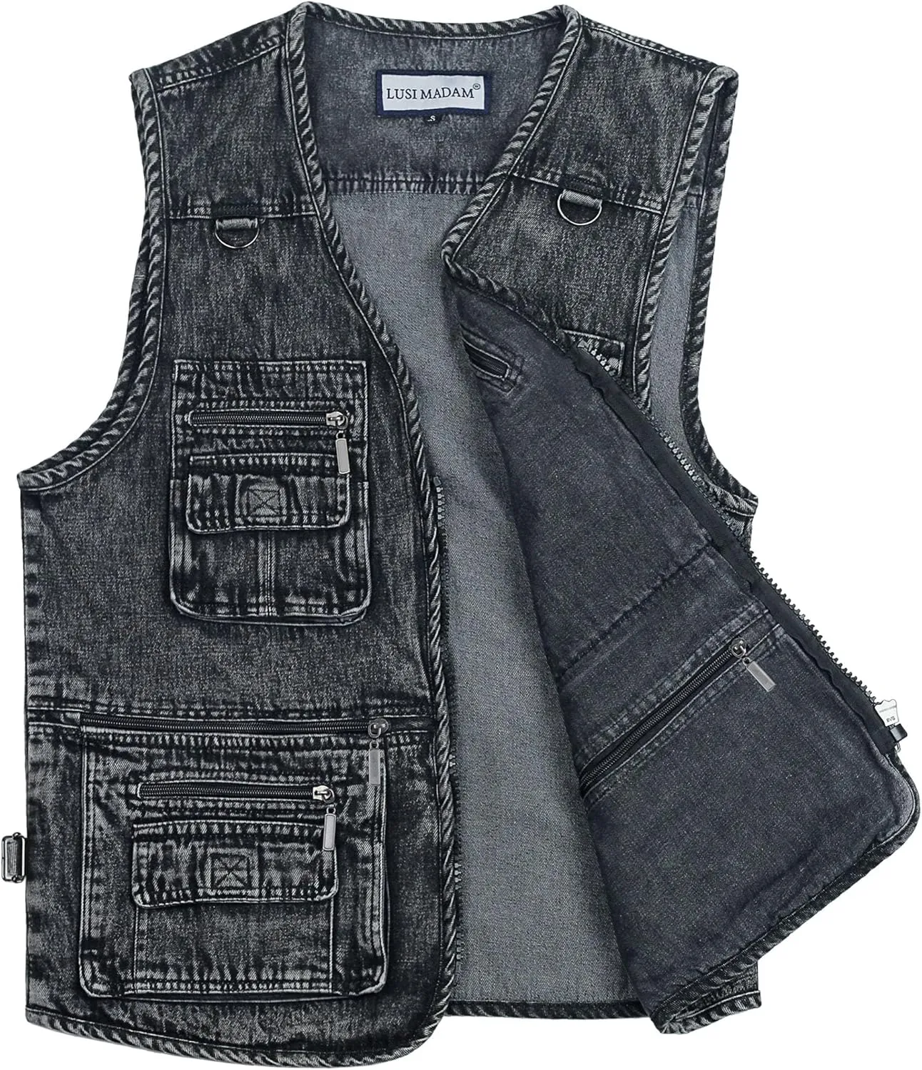 Men's Zipper Multi Pockets Casual Vest Outdoor Travel Fishing Hunting Photo Utility Work Cargo Vests Denim Black