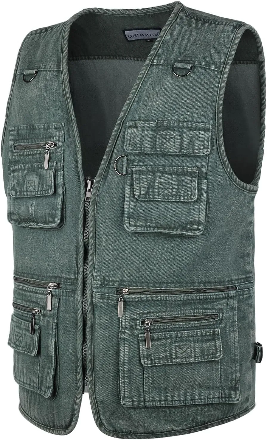 Men's Zipper Multi Pockets Casual Vest Outdoor Travel Fishing Hunting Photo Utility Work Cargo Vests Denim Black