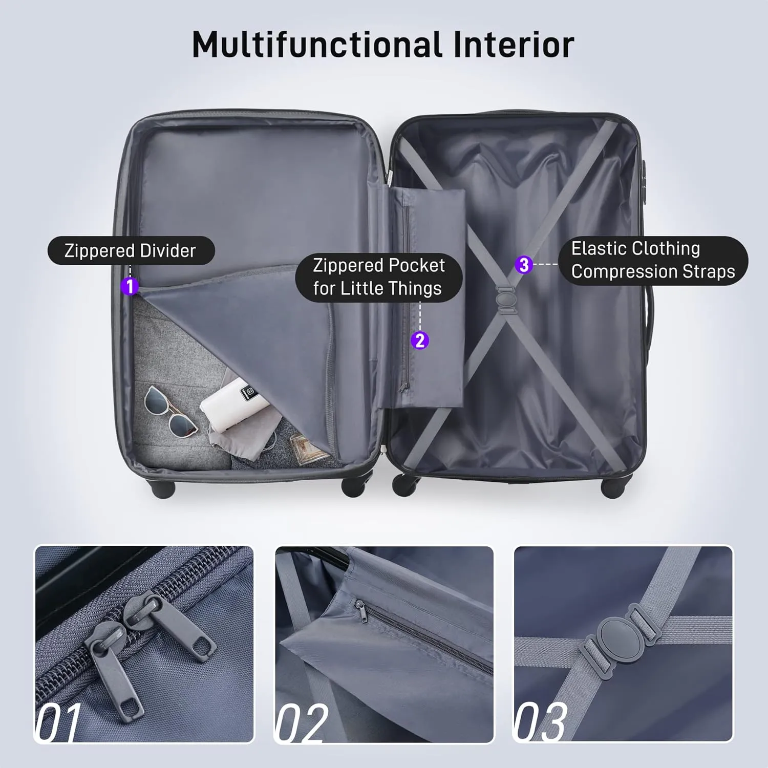 Merax Luggage Sets 3 Piece Hardside Expandable Suitcase with Spinner Wheels,Durable Lightweight Luggage with TSA Lock, Large Travel Luggage Set(Purple-1,20 24 28 inches)