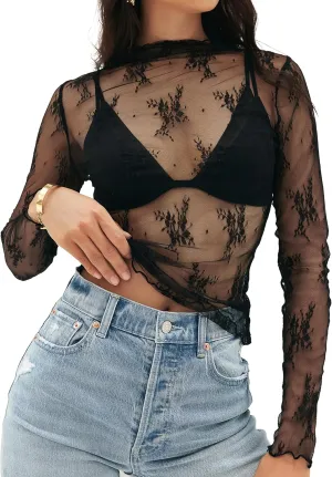 MEROKEETY Womens 2025 Mesh Sheer Long Sleeve Layering Top Sexy Y2k Mock Neck Floral Lace See Through Shirt Blouses