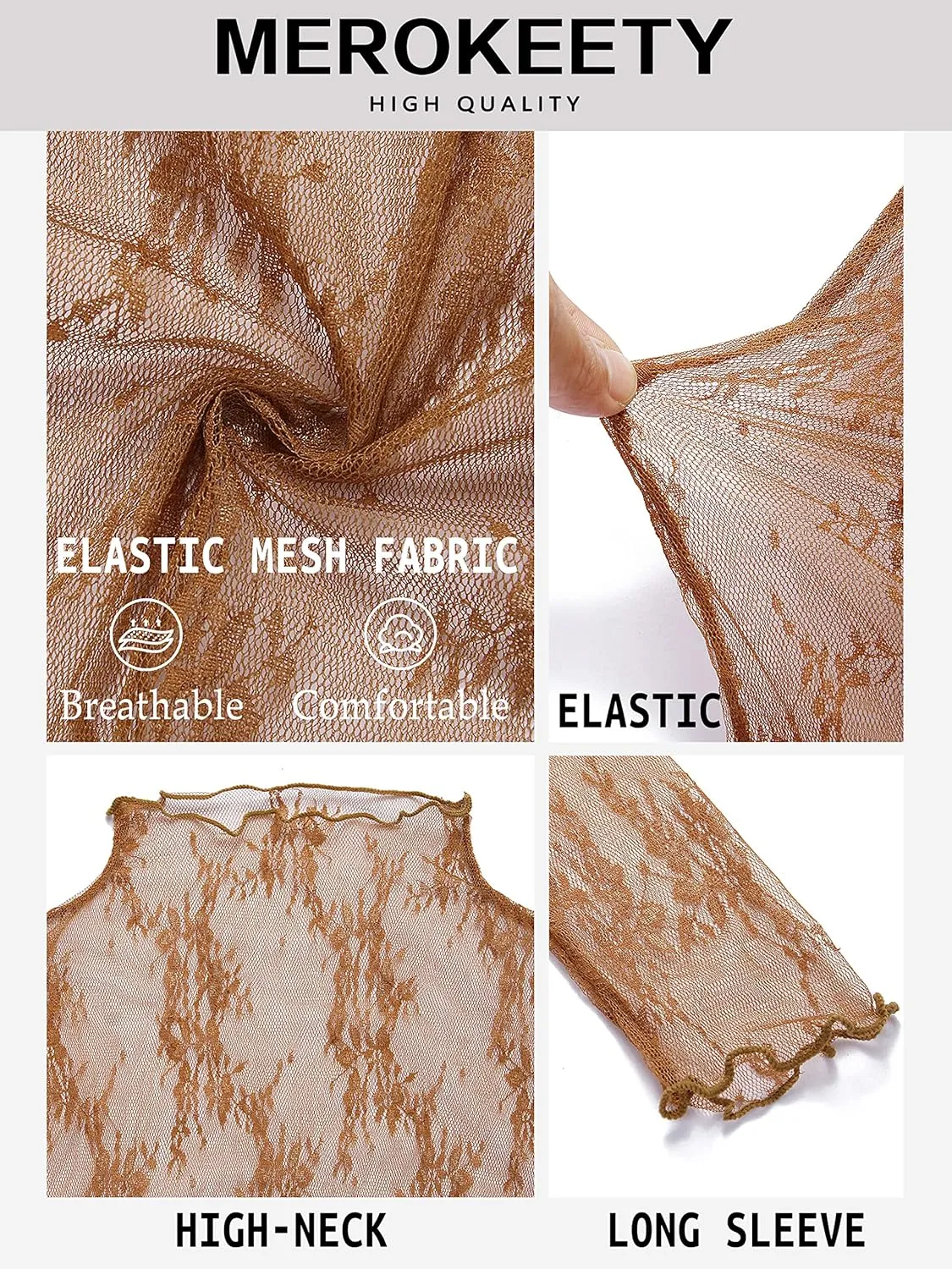 MEROKEETY Womens 2025 Mesh Sheer Long Sleeve Layering Top Sexy Y2k Mock Neck Floral Lace See Through Shirt Blouses